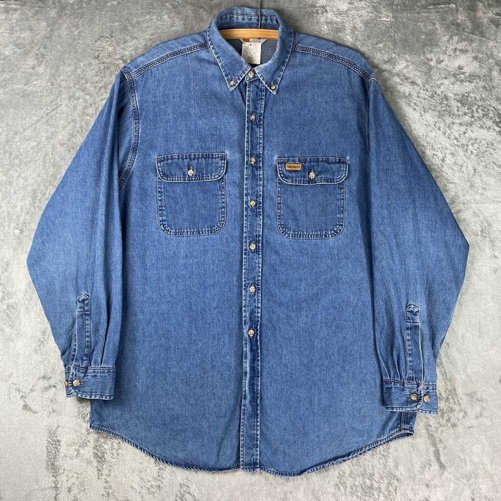 Vintage Carhartt Shirt Mens Large Blue Denim Workwear Union Made USA Button Down